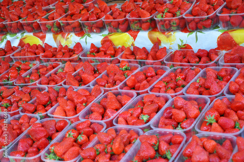 fraises en barquette fruits de saison au marché - fond fraises