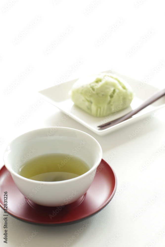 Japanese steamed cake and green tea Japanese steamed cake and green tea