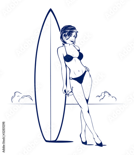 bikini girl on the beach with surfboad and sunglasses