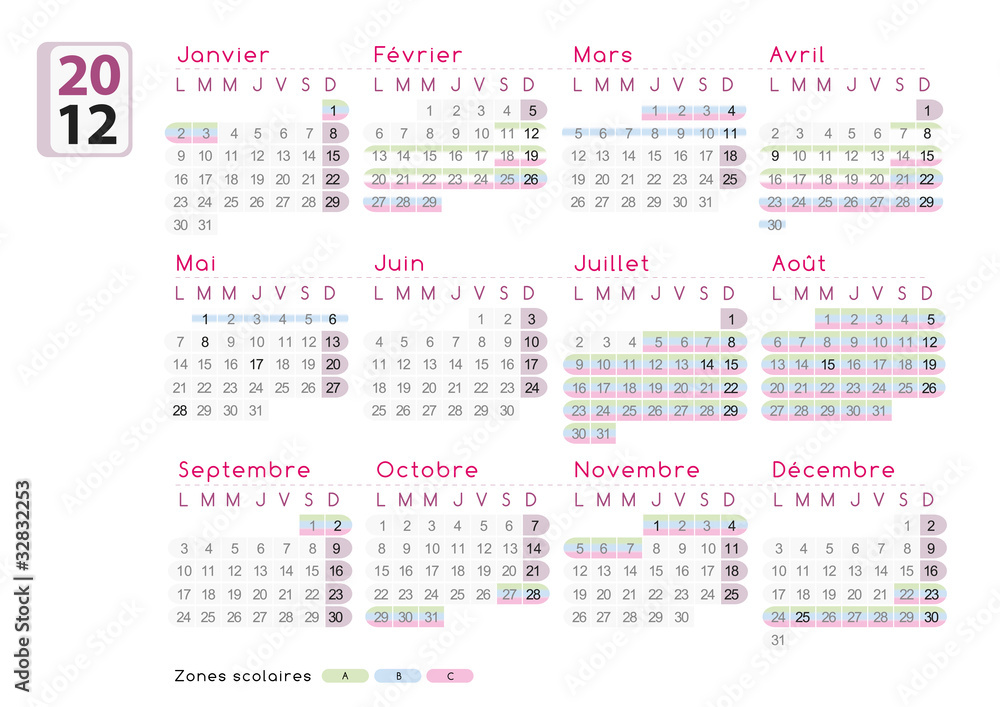 Calendrier 2012 français, fériés et scolaires
