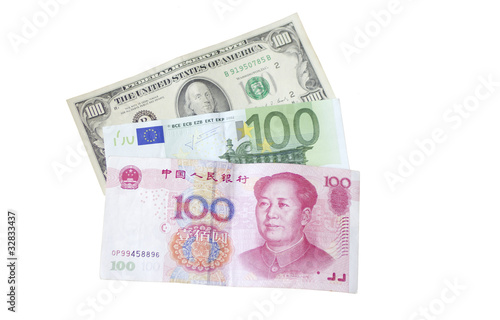 Dollar, Euros and Yuan bills