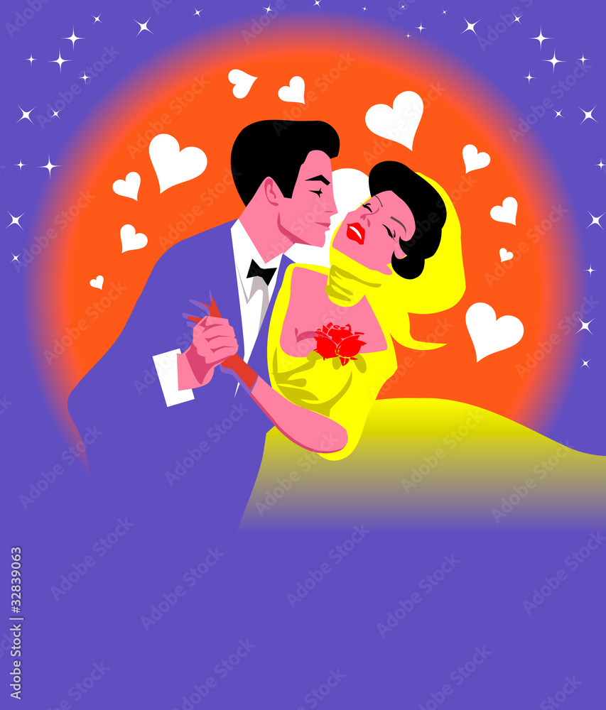 Retro Silhouette of a man hug  beautiful woman. Moon, stars and