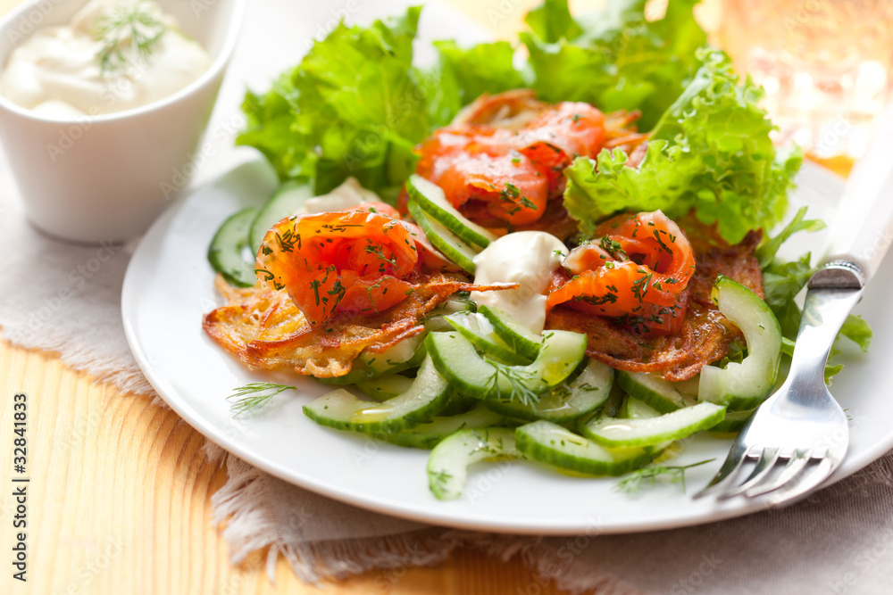 Potato rosti with smoked salmon and cucumber salad Potato rosti with smoked salmon and cucumber salad