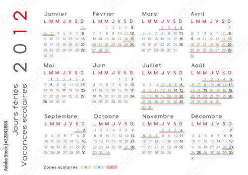 Calendrier 2012, jours fériés et vacances, français
