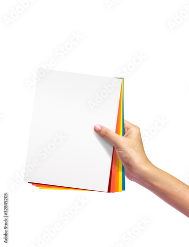 colorful paper in woman hand isolated on white background