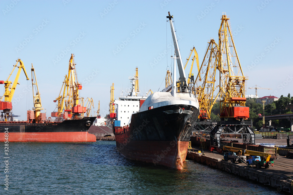 trading seaport with cranes and cargo ships