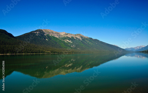 Calm tranquil lake showing reflection of mountains in Canada