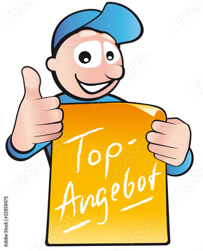 Figur mit Schild Top-Angebot und Daumen hoch