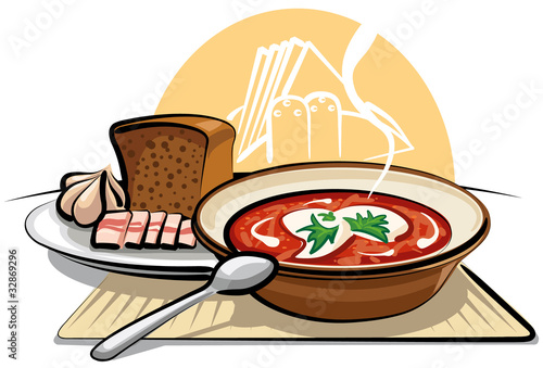 borscht soup and garlic with ham