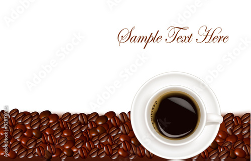 Design with cup of coffee and coffee grains. Vector.