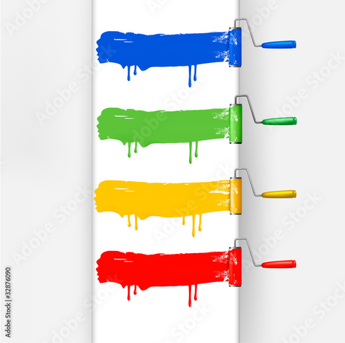 Four colors roller brushes. Vector.