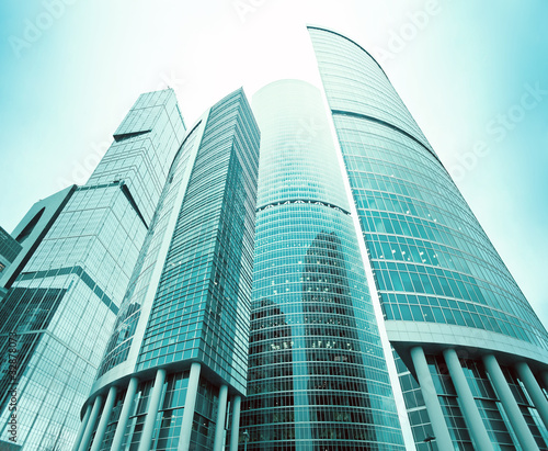 futuristic structure of office skyscrapers in the morning