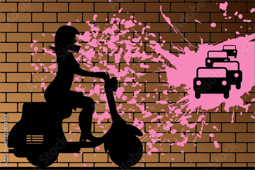 Scooter Girl silhouette against brick wall, vector illustration