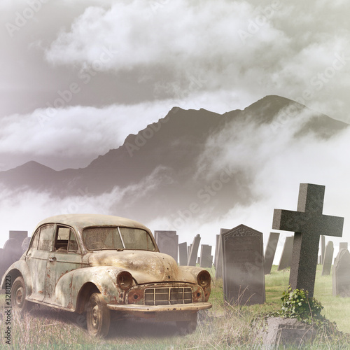 A Misty Graveyard, with Tombstones and an Old Car