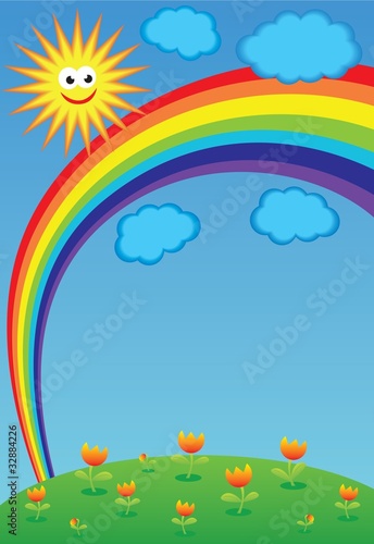 Sun, clouds, flowers and rainbow
