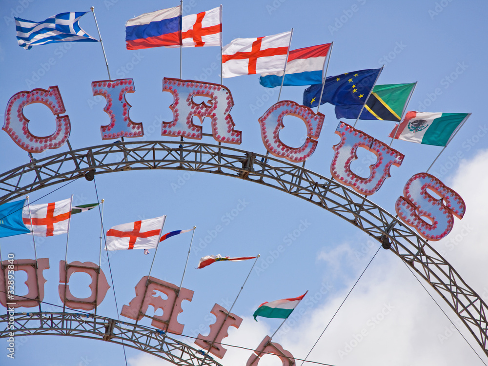 Circus signs with flags flying