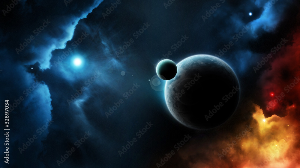 Planet system blue star in deep space
