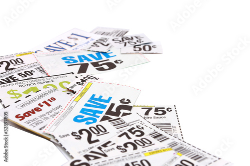 Assorted Grocery Coupons On White Background
