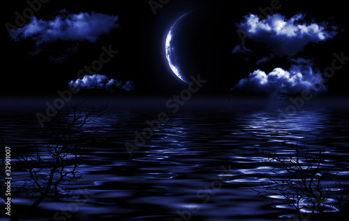 Fototapeta Naklejka Na Ścianę i Meble -  Half of moon in clouds reflected in water