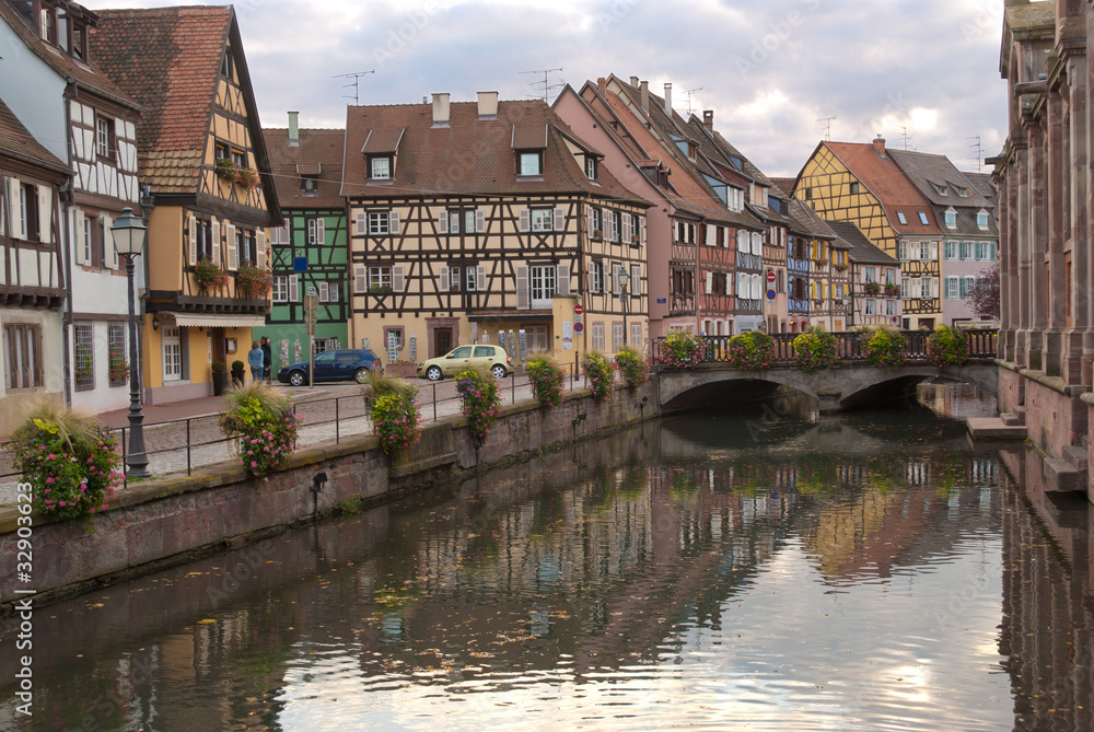 Old European street with river, Colmar, France