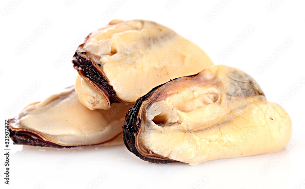 close up of fresh boiled mussels isolated on white background close up of fresh boiled mussels isolated on white background
