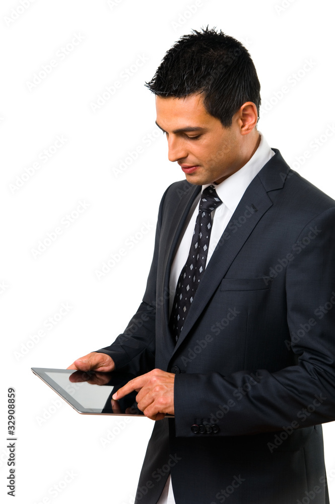 Geschäftsmann schreibt auf einem Tablet PC Geschäftsmann schreibt auf einem Tablet PC