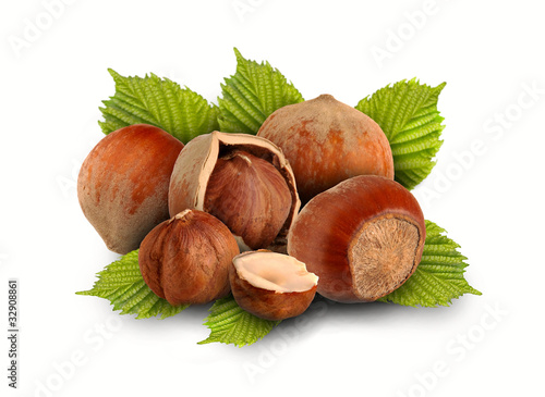 whole hazelnuts and nuts with the leaves