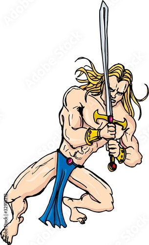 Cartoon barbarian swordsman with blonde hair