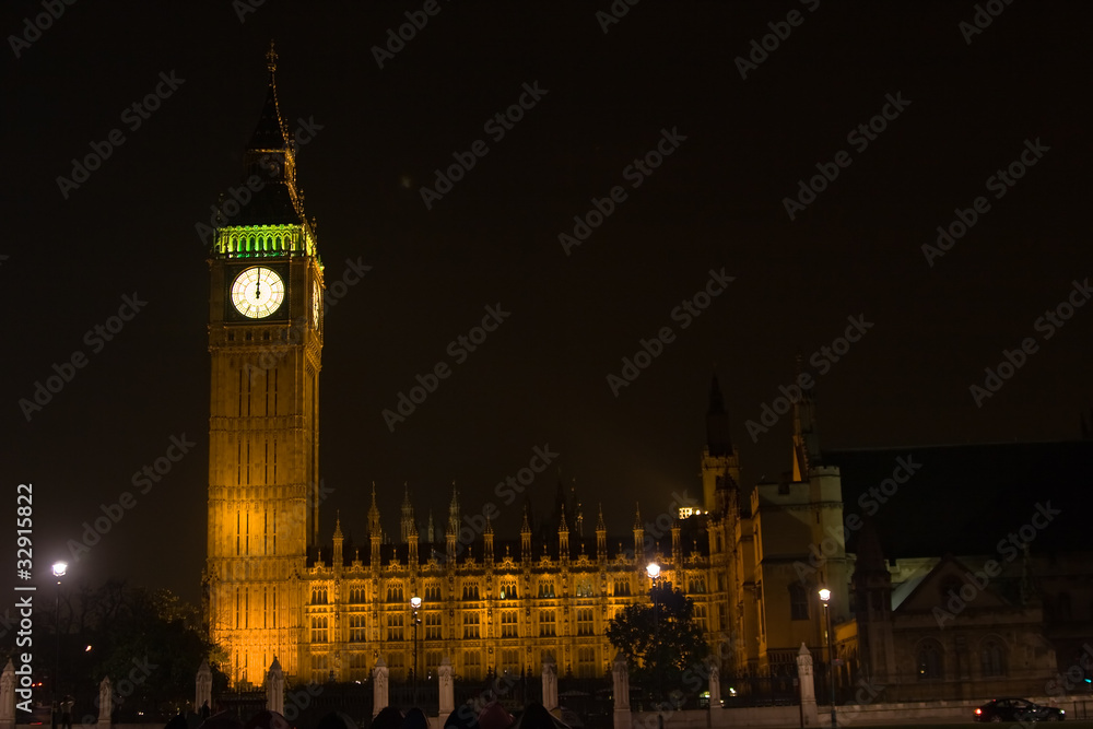 London - Big Ben clock tower and House of Parliament at midnight