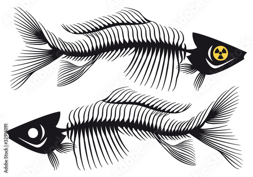 dead fishes with nuclear symbol, vector