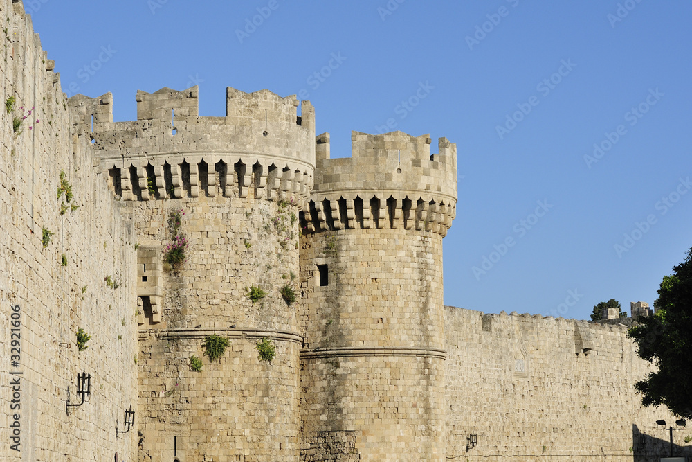 Ancient city walls encircling Rhodes Old Town.
