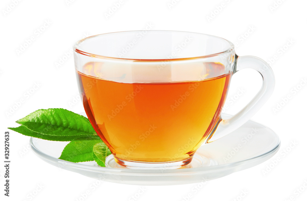 Cup with tea and green leaf Cup with tea and green leaf