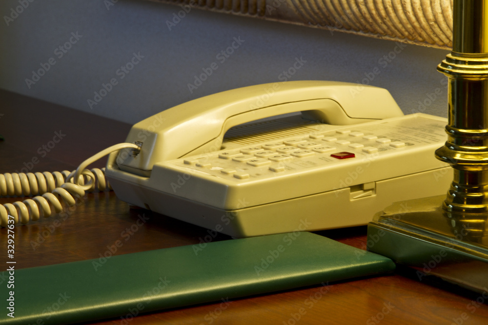 Hotel Room's Desk with Telephone and Lamp Hotel Room's Desk with Telephone and Lamp