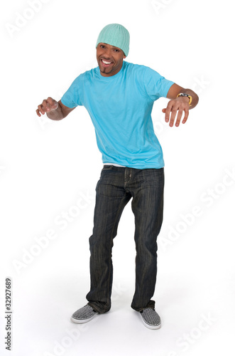 Funny guy in a blue t-shirt dancing