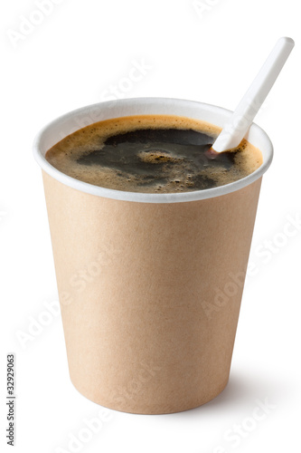 Coffee in disposable cup with plastic spoon