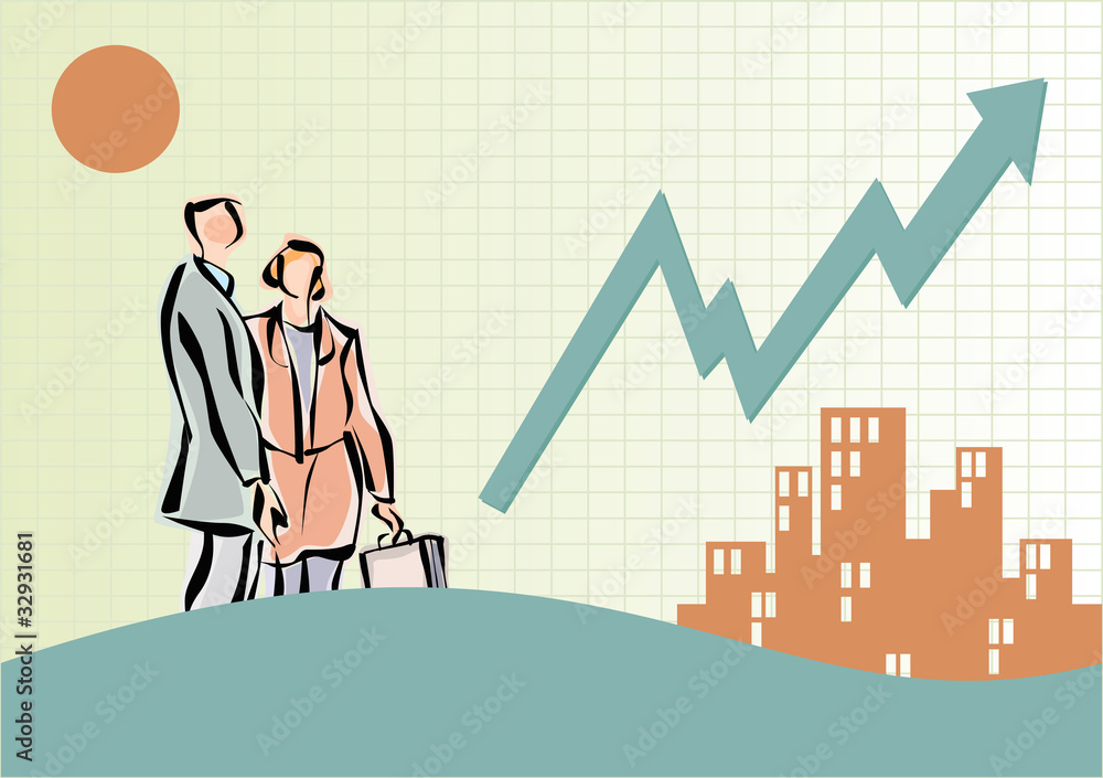 Fototapeta premium Business people near buildings and line graph
