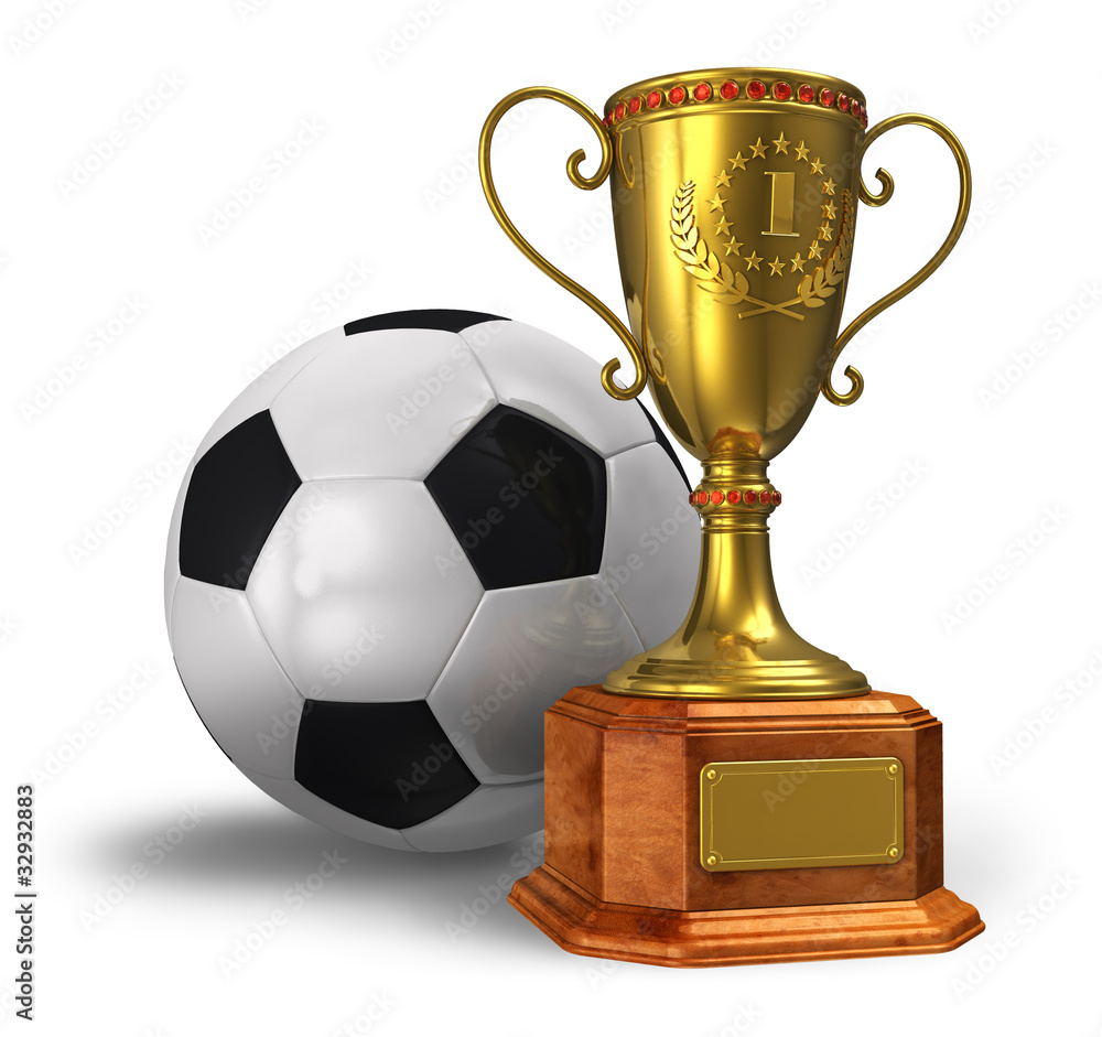 Golden trophy cup and soccer ball Golden trophy cup and soccer ball