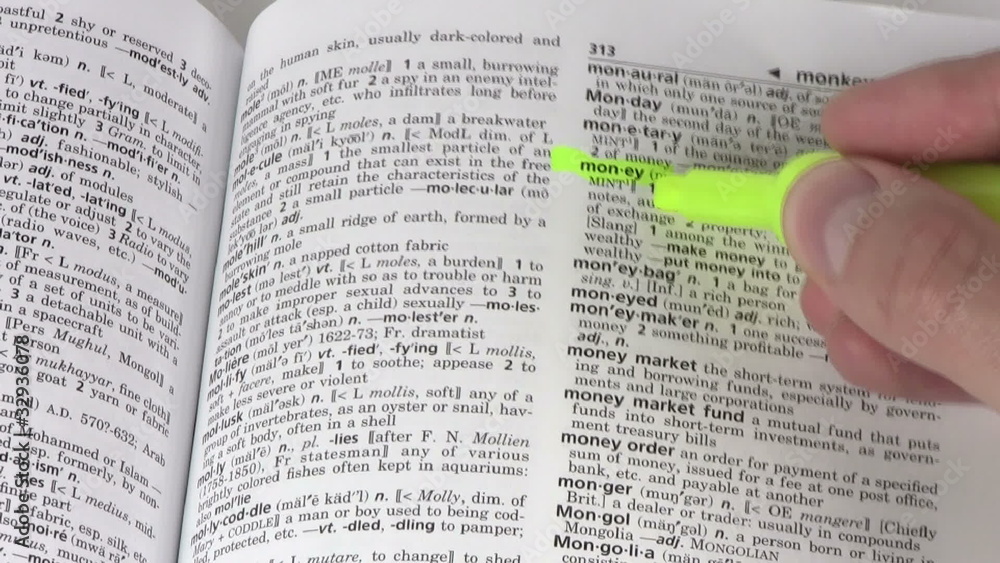 Dictionary term MONEY highlighted - HD Dictionary term MONEY highlighted - HD