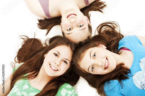 Three teen girls. Education  holidays.