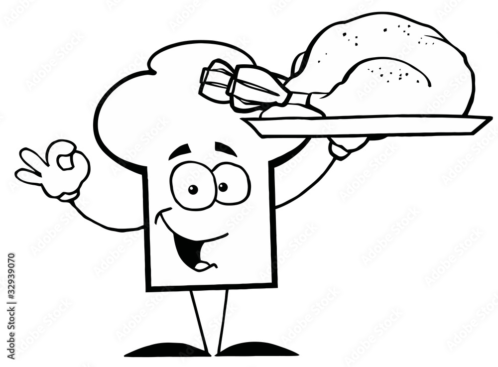 Obraz premium Outlined Chef Hat Guy Serving a Turkey
