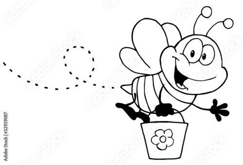 Black And White Honey Bee Flying With A Bucket And Waving