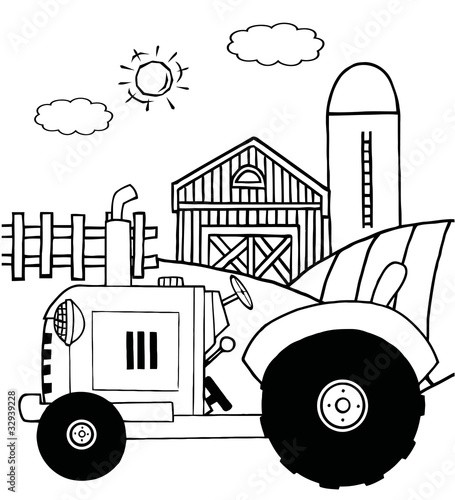 Outlined Farm Tractor In A Pasture Near A Barn And Silo