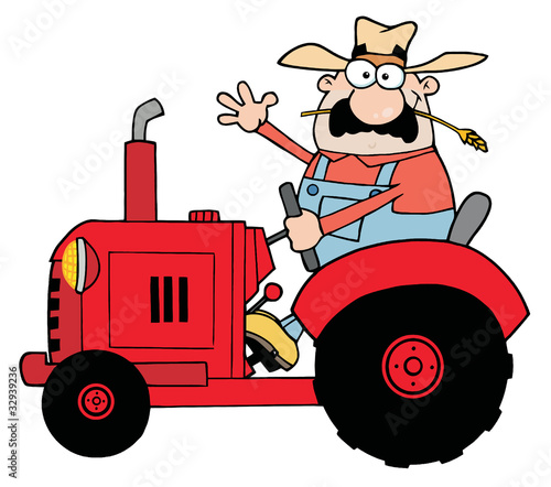 Happy Farmer In Red Tractor Waving A Greeting