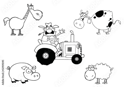 Outlined Farmer On A Tractor, With A Horse, Cow, Pig And Sheep