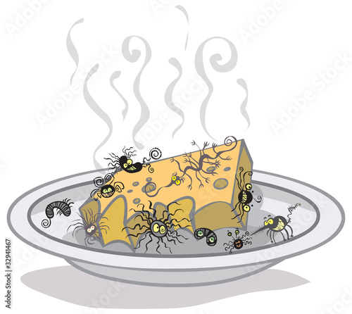 A plate with rotten cheese and different germs.