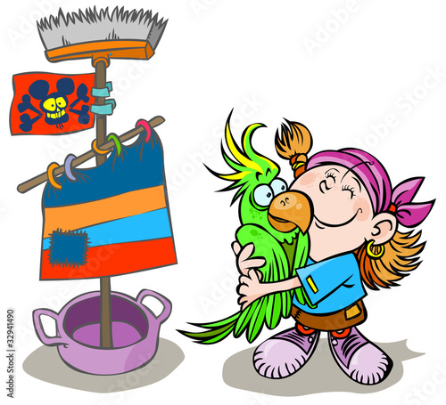 Cartoon cute pirate girl with parrot.
