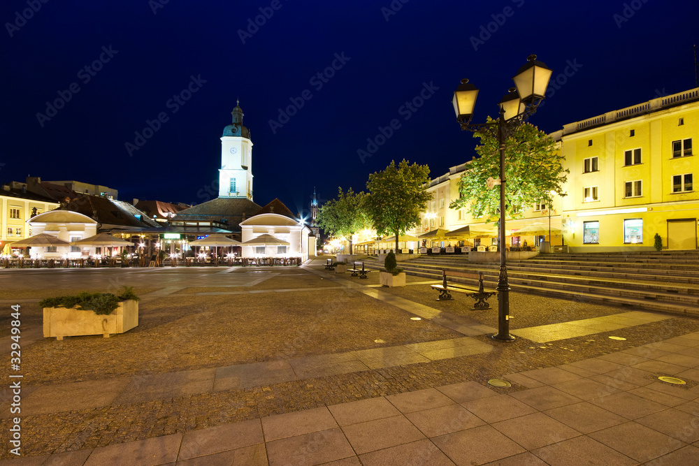 Town square in Bialystok at night, Poland