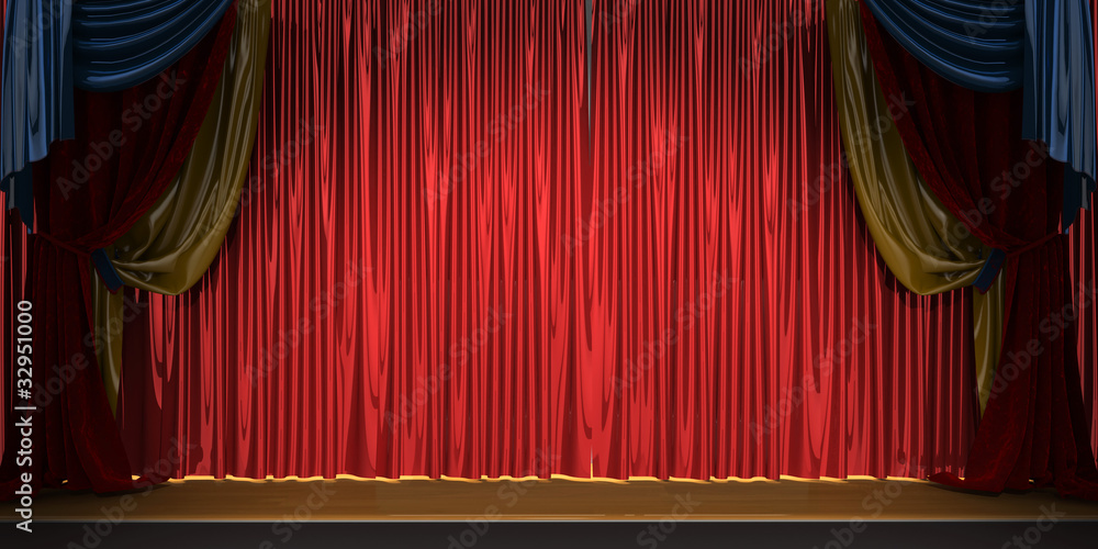 3d theater scene set with red velvet curtains - obrazy, fototapety, plakaty 