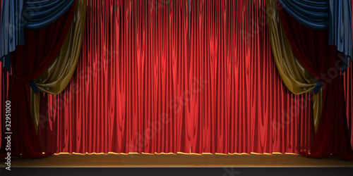 3d theater scene set with red velvet curtains