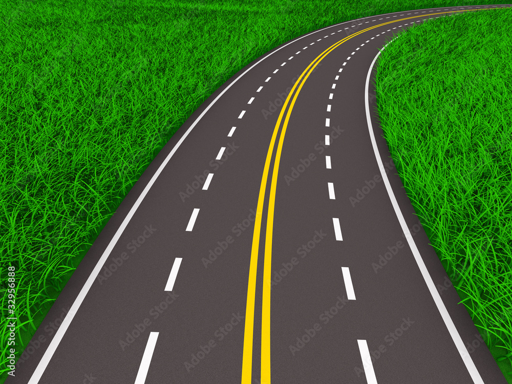 asphalted road on grass. Isolated 3D image